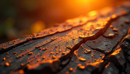 Wooden surface at sunset with water droplets on topの写真素材