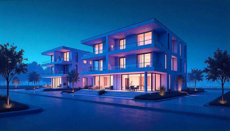 Modern apartment buildings bathed in a peaceful blue light