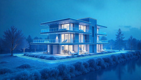 Modern blue house by the water at night rendering