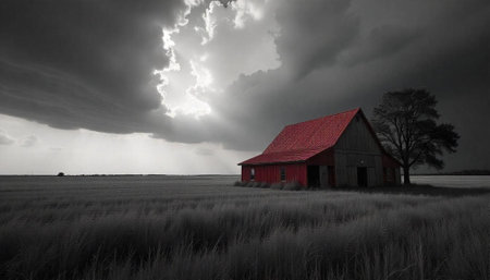 Red Barn Under Stormy Skies in Rural Landscapeの写真素材