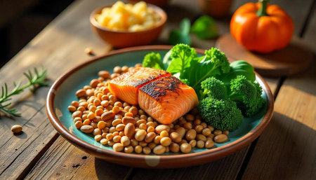 Healthy salmon dish with beans and broccoli on tableの写真素材