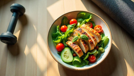 Healthy lifestyle: Balanced diet with chicken salad after workoutの写真素材
