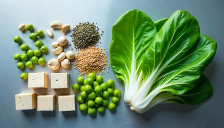 Fresh vegan ingredients on a neutral toned surface arranged beautifullyの写真素材