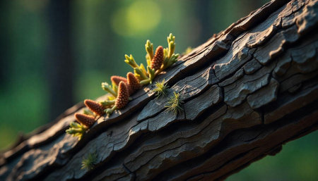 Pinecone buds on a weathered tree trunk in sunlight