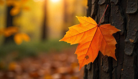 Autumn maple leaf clinging to tree trunk in forestの写真素材
