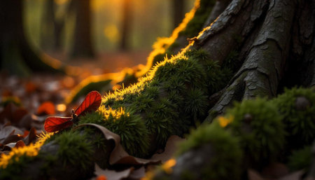Sunlit moss and leaves at the base of treeの写真素材