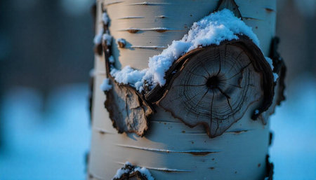 Birch Tree Bark with Snow Close-Up in Winterの写真素材