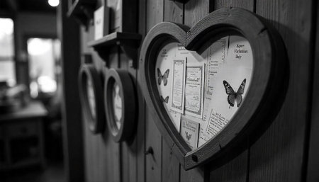 Vintage heart frame with butterflies pinned on white backgroundの写真素材