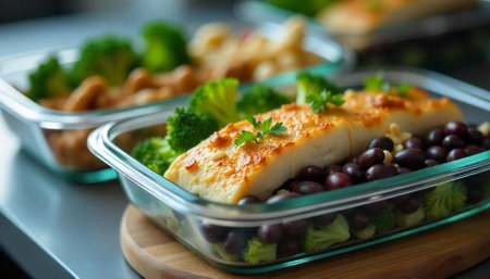 Healthy meal prep containers filled with fish and vegetablesの写真素材