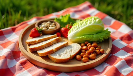 Picnic scene with healthy snacks on wooden platterの写真素材