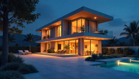 Modern two-story house with pool at dusk background