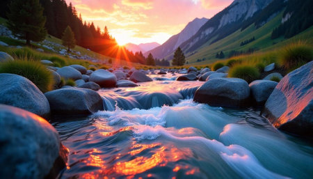 Scenic mountain river landscape at sunset or sunrise timeの写真素材