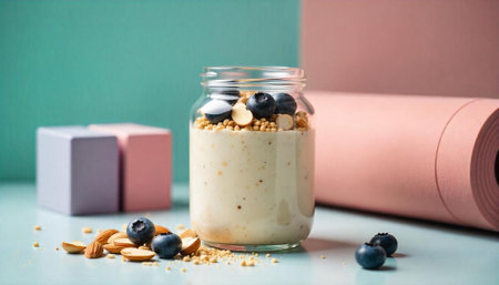 Healthy breakfast jar with blueberries and yoga mat backdropの写真素材
