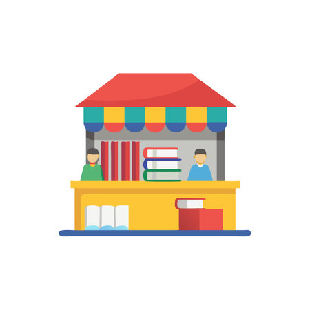 Colorful Bookstore Stall Illustration with Books and Peopleのイラスト素材