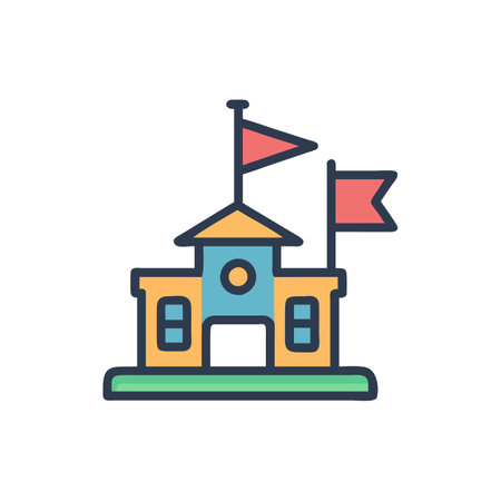 Cartoon School Building Icon with Flags On Whiteのイラスト素材