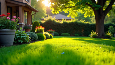 Sunlit lawn and garden with beautiful home exteriorの写真素材