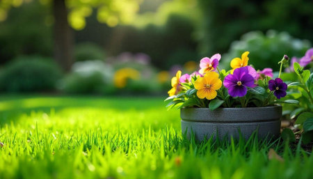 Colorful pansies in a pot on green grass lawnの写真素材