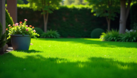 Beautiful green lawn with flower pot in idyllic backyardの写真素材
