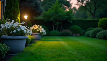 Peaceful backyard garden with flowers, lawn, and ambient lightingの写真素材