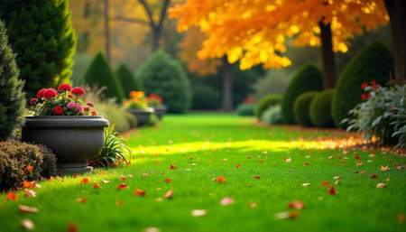 Autumn garden path with flowers and falling leaves