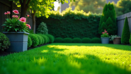 Lush green lawn with flowerpot in a scenic gardenの写真素材