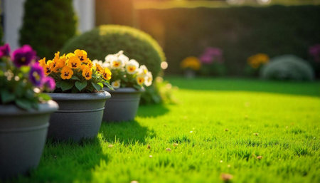Potted Pansies in a Garden Setting with Bright Sunlightの写真素材