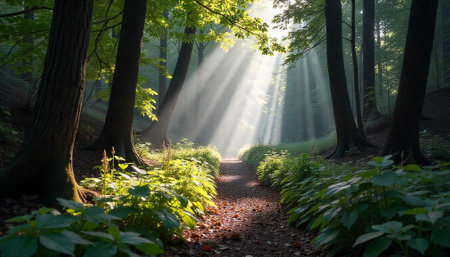 Sunlit path through dense forest with ethereal light beams