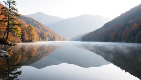 Autumn mountain lake with fog and reflection scenery viewの写真素材