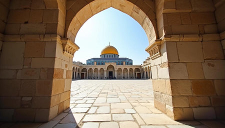 Majestic Dome of the Rock framed by stone archwayの写真素材