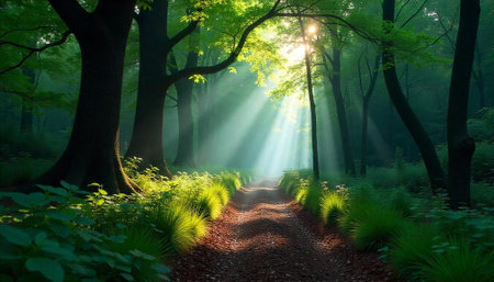 Sunlit path through a lush green forest scene
