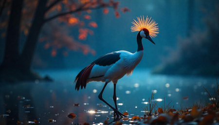 Grey crowned crane wading in tranquil reflective waterの写真素材