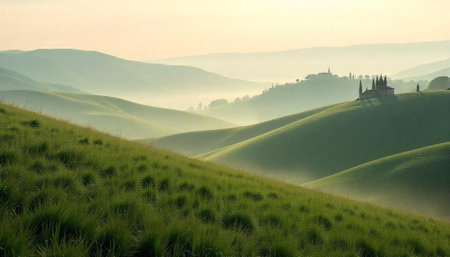 Misty Tuscan Hills Landscape with Church in the Distanceの写真素材