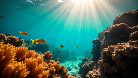 Underwater scene with coral reefs and vibrant tropical fishの写真素材