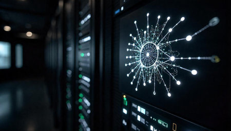 Data center server room with illuminated network graphic display