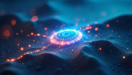 Glowing circular portal on abstract landscape with scattered lightsの写真素材