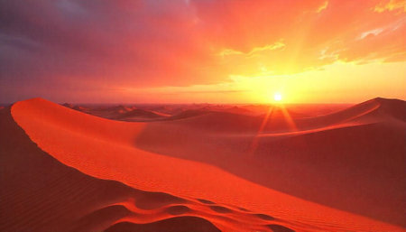 Dramatic desert landscape featuring sunset over sand dunesの写真素材