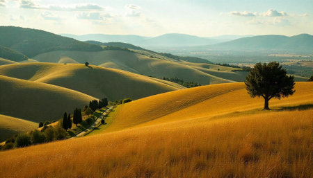 Rolling hills of Tuscany with lone tree and roadの写真素材