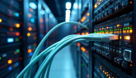 Network cables connected to server racks in data center
