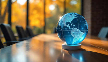Global Connectivity Technology Globe on Table in Conference Roomの写真素材