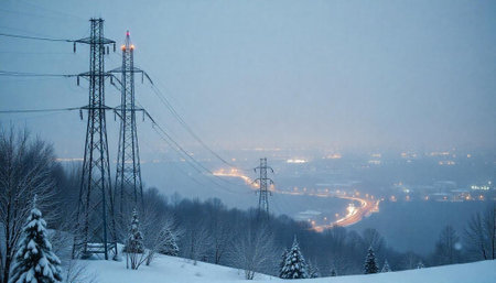 Snowy Landscape with Power Lines and Distant City Lights