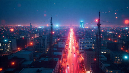 Futuristic cityscape with glowing lights and traffic trails at nightの写真素材