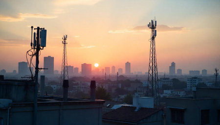 Sunrise over cityscape with communications towers, urban landscape, haze