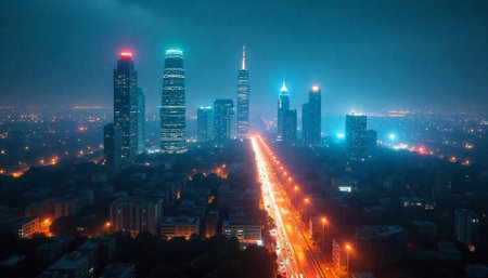 Neon lit city skyline at night with long highwayの写真素材