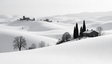 Snow covered rolling hills with cypress trees and buildingsの写真素材