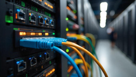Data center server rack with colorful network cables connected