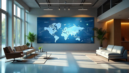 Modern office lobby with world map display and furniture