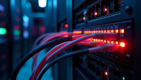 Data center server rack with network cables plugged in