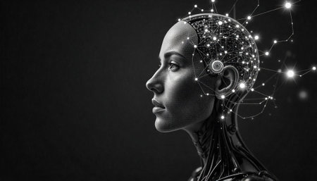 Artificial intelligence cyborg head with neural network connections conceptの写真素材