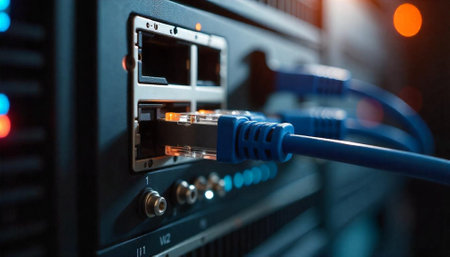 Blue network cable connected to a server panel port