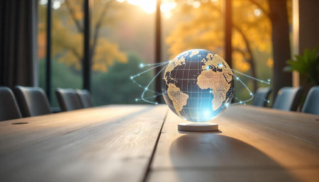 Global business network concept depicted by an illuminated globe